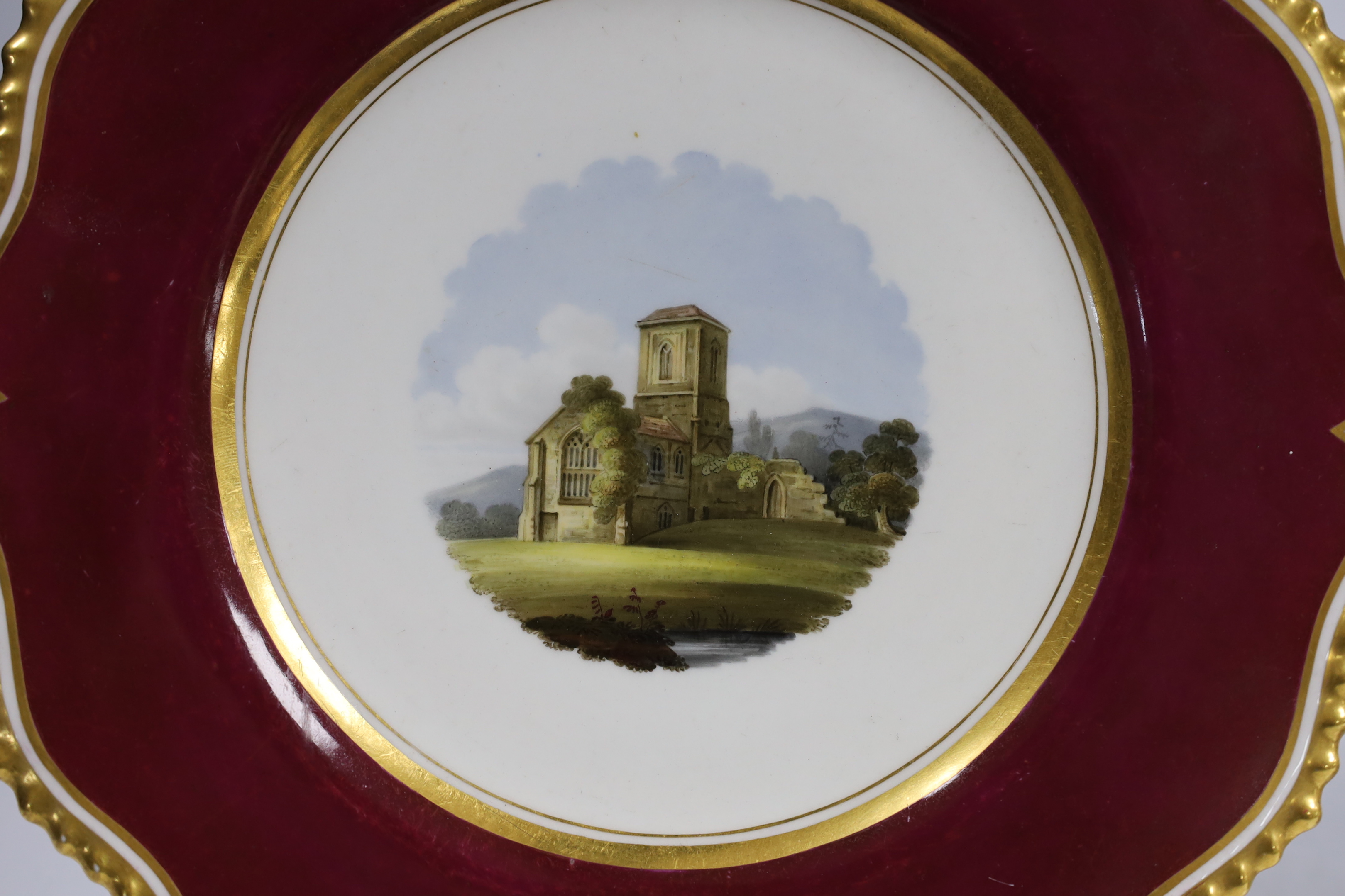 A pair of Flight, Barr & Barr Worcester named topographical plates, c.1820, views of Malvern Hills from Boughton House and Little Malvern Church, 23cm diameter